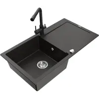 Mexen Leo granieten spoelbak 1-koer met afdruiprek en Duero keukenkraan, zwart/goud metallic - 6501-75-671600-70