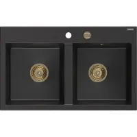 Mexen Hektor granieten gootsteen 2-kamer 800 x 480 , zwart/zilveren metallic, gouden sifon - 6521802000-73-G