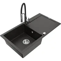 Mexen Leo granieten gootsteen 1-komoers met afdruiprek en keukenmengkraan Aster, zwart/goud metallic - 6501-75-73450-07