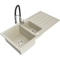 Mexen Andres granieten spoelbak 1,5-komor met afdruiprek en keukenkraan Aster, beige - 6515-69-73450-07
