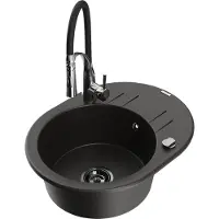 Mexen Kevin granieten spoelbak met 1 bak en afdruiprek en keukenmengkraan Aster, zwart/goud metallic - 6517-75-73450-07-B