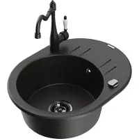 Mexen Kevin granieten spoelbak met 1 bak, afdruiprek en Carla keukenkraan, zwart/gouden metallic - 6517-75-670700-70-B