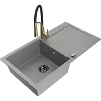 Mexen Leo granieten spoelbak 1-kompartment met afdruipplaat en keukenkraan Aster, grijs - 6501-71-73450-57-B