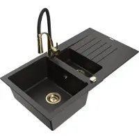 Mexen Matias granieten spoelbak 1,5-komers met afdruiprek en keukenkraan Aster, zwart/gouden metallic - 6502-75-73450-57-G