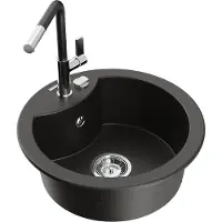 Mexen Diego granieten gootsteen 1-komorig met keukenkraan Flora, zwart/gouden metallic - 6512-75-670401-07