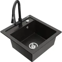 Mexen Vito granieten gootsteen 1-komoers met keukenkraan Elia, zwart/gouden metallic - 6503-75-670101-70