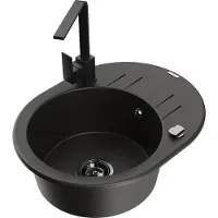 Mexen Kevin granieten gootsteen 1-kamer met afdruiprek en keukenmengkraan Rita, zwart/goud metallic - 6517-75-670300-70-B