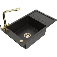 Mexen Elias granieten spoelbak 1-komers met afdruiprek en keukenkraan Duero, zwart/gouden metallic - 6511-75-671600-50