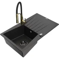 Mexen Cesar granieten gootsteen met 1 bak en afdruiprek en keukenmengkraan Aster, zwart/zilver metallic - 6514-73-73450-57-B