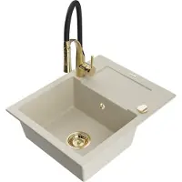 Mexen Enzo granieten spoelbak 1-komers met afdruiprek en keukenmengkraan Aster, beige - 6506-69-73450-57-G