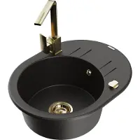 Mexen Kevin granieten spoelbak 1-komorig met afdruiprek en keukenkraan Rita, zwart/goud metallic - 6517-75-670300-50