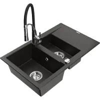Mexen Gaspar granieten gootsteen 1,5-komorige met afdruiprek en keukenmengkraan Aster, zwart/goud metallic - 6507-75-73450-07