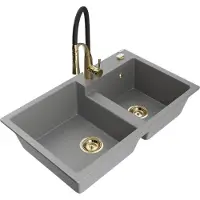 Mexen Tomas granieten gootsteen 2-kamer met keukenkraan Aster, grijs - 6516-71-73450-57-G