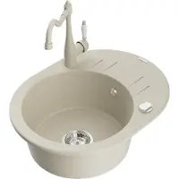 Mexen Kevin granieten spoelbak 1-komorig met afdruiprek en keukenkraan Carla, beige - 6517-69-670700-69