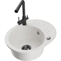 Mexen Kevin granieten spoelbak 1-kamer met afdruiprek en keukenmengkraan Duero, wit - 6517-20-671600-70