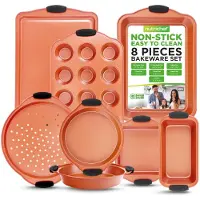 Nutrichef , Bakvormen set, 8-delige Bakvormen set - Antiaanbak Koolstofstaal Bakset met Hittebestendige Siliconen Handgrepen - Inclusief Broodpan, Muffinpan, Bakplaten, Pizzapan, Braadsledes