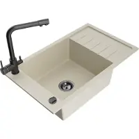 Mexen Elias granieten gootsteen met 1 kom, afdruiprek en keukenmengkraan Duero, beige - 6511-69-671600-70