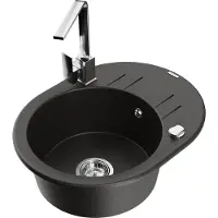 Mexen Kevin granieten spoelbak met 1 bak en afdruiprek en keukenmengkraan Rita, zwart/goud metallic - 6517-75-670300-00