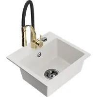 Mexen Milo granieten spoelbak 1-komor met keukenkraan Aster, wit - 6505-20-73450-57-B