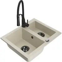 Mexen Carlos granieten gootsteen 1,5-kamer met keukenkraan Aster, beige - 6518-69-73450-70-B