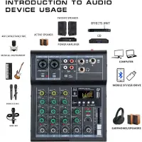 Jojomino Professionele digitale DJ-mixerconsole met 4 audiokanalen, USB-poort, ondersteuning voor Bluetooth-verbinding, zwart