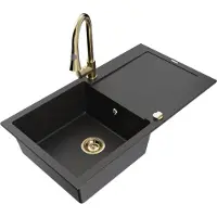 Mexen Leo granieten spoelbak 1-kompartment met afdruiprek en keukenmengkraan Elia, zwart/zilver metallic - 6501-73-670101-50