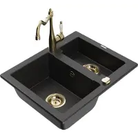 Mexen Carlos granieten gootsteen 1,5-kamer met keukenmengkraan Carla, zwart/zilver metallic - 6518-73-670700-50