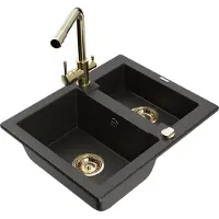 Mexen Carlos granieten spoelbak 1,5-komoren met keukenmengkraan Duero, zwart/gouden metallic - 6518-75-671600-50
