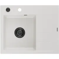 Mexen Ben granitische spoelbak 1-komor met afdruiprek, links 600 x 500 , wit, zwarte sifon - 6522605000-20-B