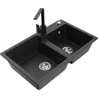 Mexen Tomas granieten gootsteen met 2 kamers en Rita keukenkraan, zwart/zilver metallic - 6516-73-670300-70