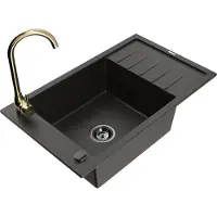 Mexen Elias granieten spoelbak 1-koer met afdruiprek en keukenkraan Telma, zwart/goud - 6511-75-670200-50-B
