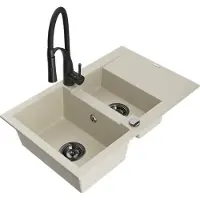 Mexen Gaspar granieten spoelbak 1,5-kompartiment met afdruiprek en keukenkraan Aster, beige - 6507-69-73450-70-B