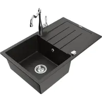 Mexen Bruno granieten gootsteen 1-komps met afdruiprek en keukenkraan Carla, zwart/goud metallic - 6513-75-670700-00
