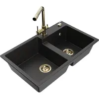 Mexen Tomas granieten spoelbak met 2 kamers en keukenkraan Duero, zwart/zilver metallic - 6516-73-671600-50