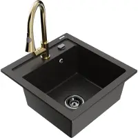 Mexen Vito granieten gootsteen met 1 bak en Elia keukenkraan, zwart/gouden metallic - 6503-75-670101-50-B
