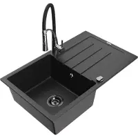 Mexen Bruno granieten gootsteen 1-komorig met afdruiprek en keukenkraan Aster, zwart/zilver metallic - 6513-73-73450-07-B