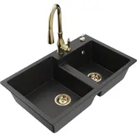 Mexen Tomas granieten gootsteen 2-kamer met keukenkraan Savita, zwart/zilver metallic - 6516-73-672601-50