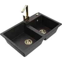 Mexen Tomas granieten gootsteen 2-komori met keukenkraan Rita, zwart/goud metallic - 6516-75-670300-50