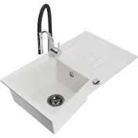 Mexen Cesar granieten spoelbak 1-kamerig met afdruiprek en keukenkraan Aster, wit - 6514-20-73450-07-B