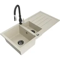 Mexen Andres granieten spoelbak 1,5-kamer met afdruiprek en keukenmengkraan Savita, beige - 6515-69-672601-70