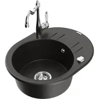 Mexen Kevin granieten gootsteen met 1 bak en afdruiprek en keukenkraan Carla, zwart/goud metallic - 6517-75-670700-00