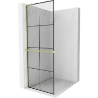 Mexen Kioto+ L douchewand met plank Walk-in 90 x 200 , zwart rooster, goud geborsteld - 800-090-123-55-77
