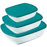 Pyrex - Cook & Store Schaal Rechthoek met Deksel Set van 3 Stuks - Borosilicaatglas - Transparant -