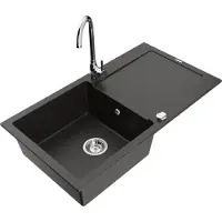 Mexen Leo granieten spoelbak met een enkele bak en afvoerplank met Telma keukenkraan, zwart/goud metallic - 6501-75-670200-00