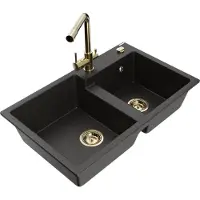 Mexen Tomas granieten spoelbak met 2 koen en keukenkraan Duero, zwart/goud metallic - 6516-75-671600-50
