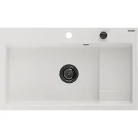 Mexen Omar granieten gootsteen 1-kompartment 800 x 480 , wit, zwarte sifon - 6520801005-20-B