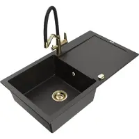Mexen Leo granieten spoelbak met 1 kamer, afdruiprek en Duo-keukenkraan, zwart/gouden metallic - 6501-75-671701-57-G