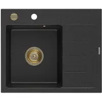 Mexen Ben granitische spoelbak met 1 bak en afdruiprek, links 600 x 500 , zwart/zilver metallic sifon goud - 6522605000-73-G