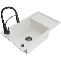 Mexen Elias granieten spoelbak 1-komorig met druiprek en keukenkraan Aster, wit - 6511-20-73450-70-B