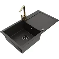 Mexen Leo granieten gootsteen 1-komers met afdruiprek en keukenmengkraan Rita, zwart/gouden metallic - 6501-75-670300-50-B